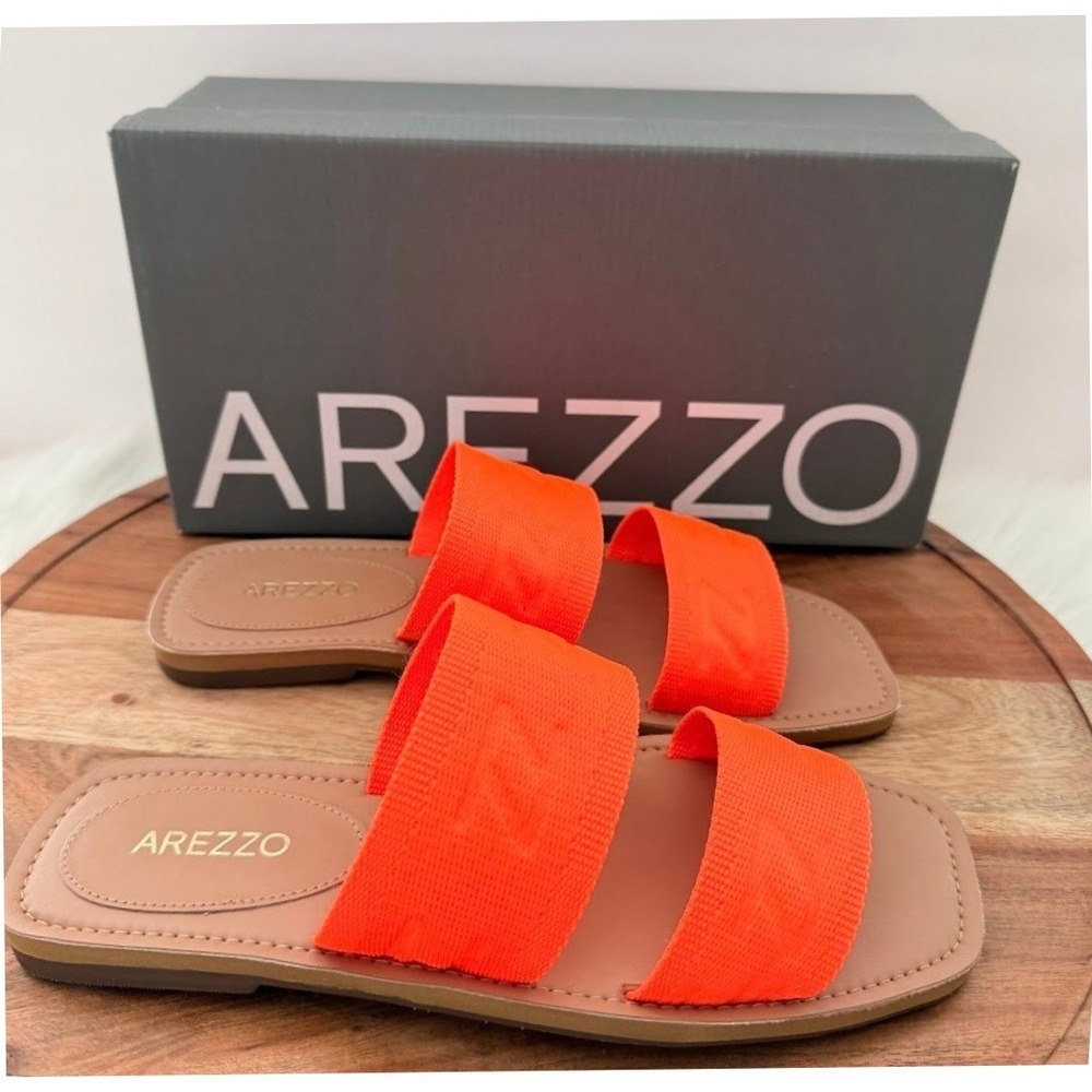Arezzo Wmns Lumi Orange Grosgrain Size 7.5B Two Strap Slide Flat Sandals‎ A11799